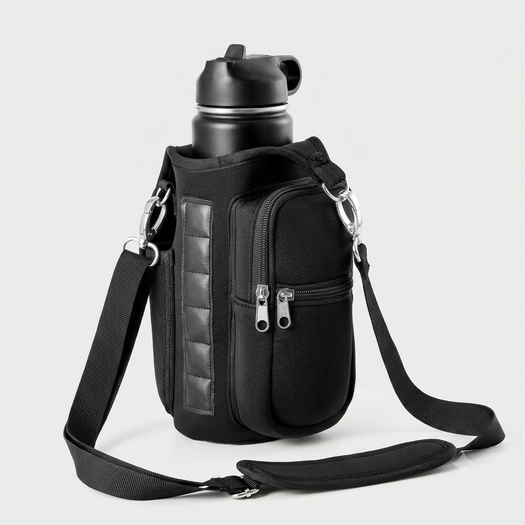 Magnetic Water Bottle Holder with Phone Pocket and Shoulder Strap - Features 6 Built-In Magnets