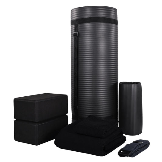 Fitness 7 Pc Yoga Set W/ Mat, Stretch Strap, & Knee Pad, Black