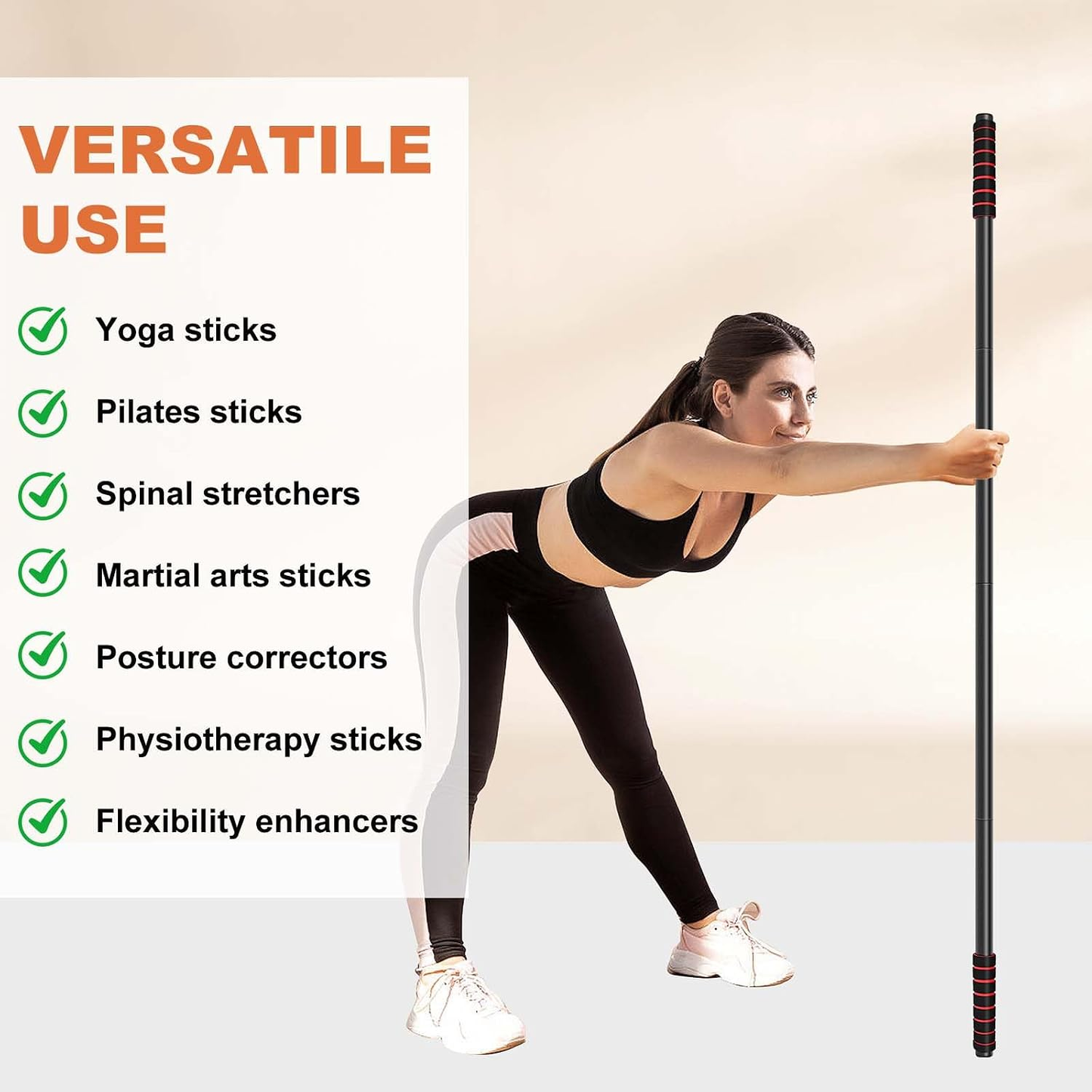 Yoga Stick Sturdy Steel, 5 Ft Adjustable Stretching Stick for Mobility, Flexibility and Balance, Versatile Exercise Stick with Non-Slip Ends and Foam Handles for Fitness, and Posture